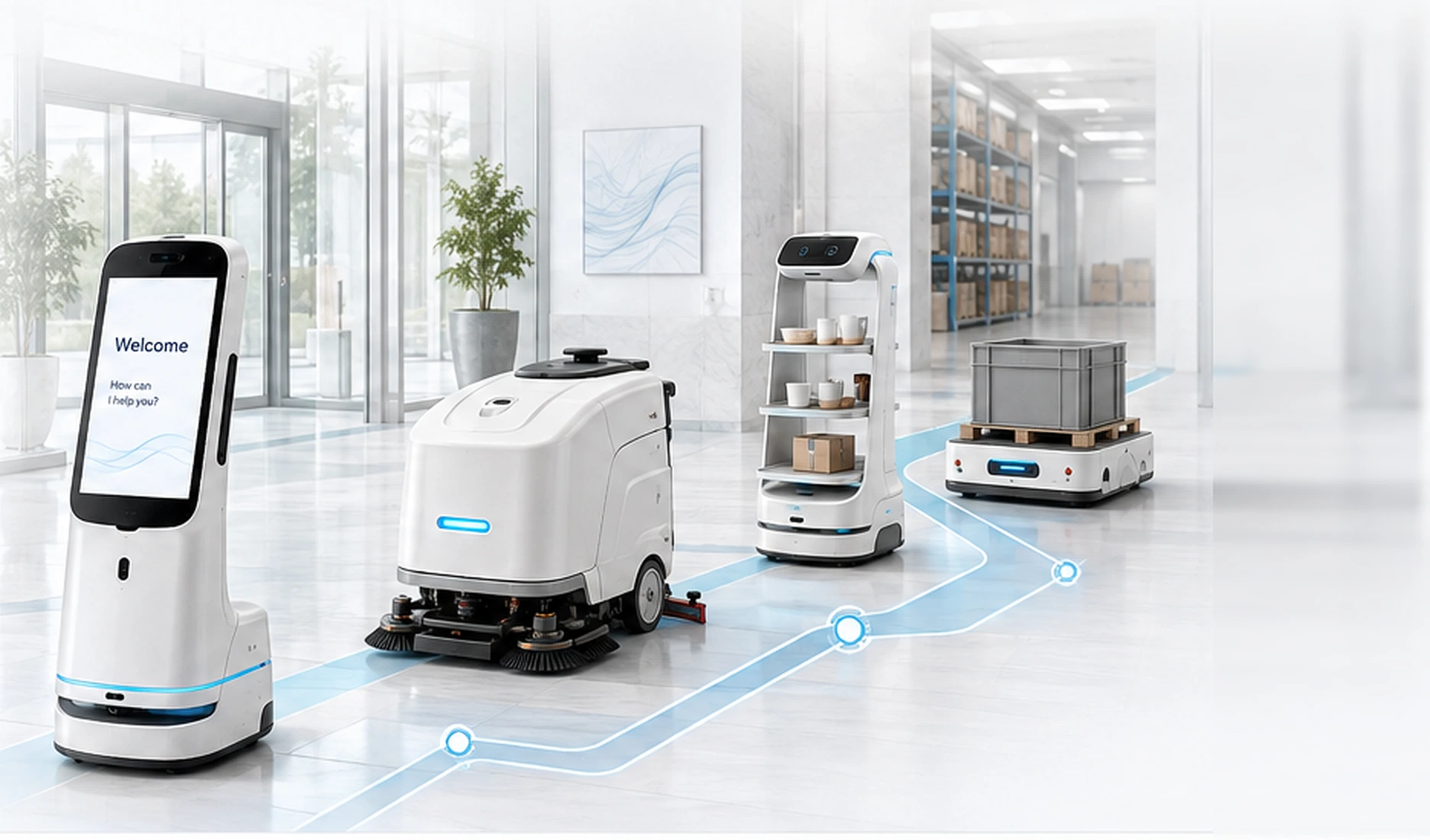 Nova, Scrubber 50 Pro, Lucki Pro and a pallet mover operating across a facility